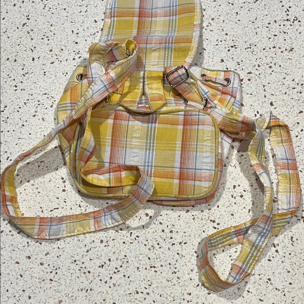 Roxy Yellow, Orange and Light Blue Plaid Cinch Mini Backpack - Picture 3 of 11